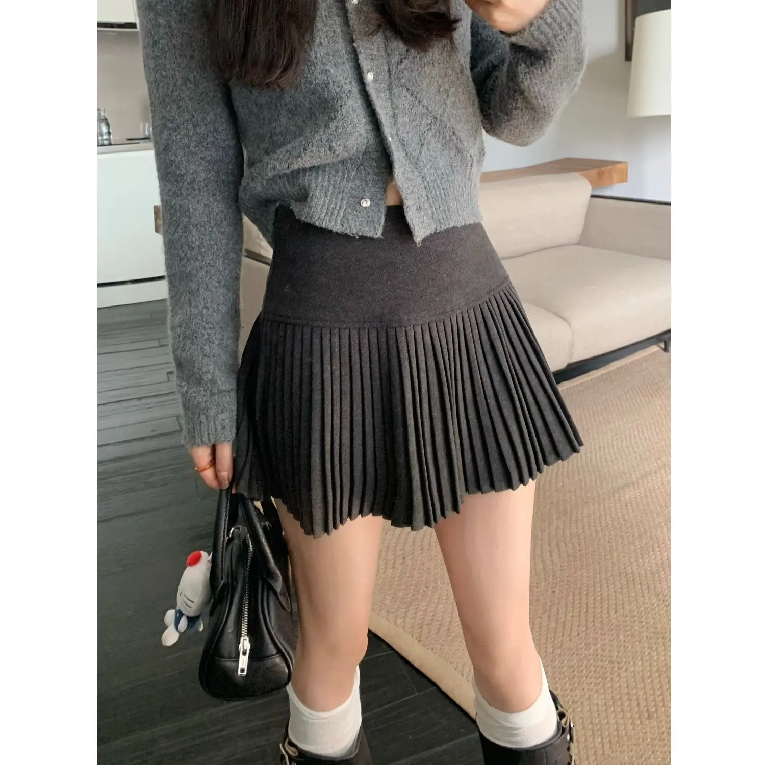 White Woolen A-Line  Skirt High Waist Pleated Women's Autumn Winter Versatile Slimming Short Skirt Grey Girls Skirt