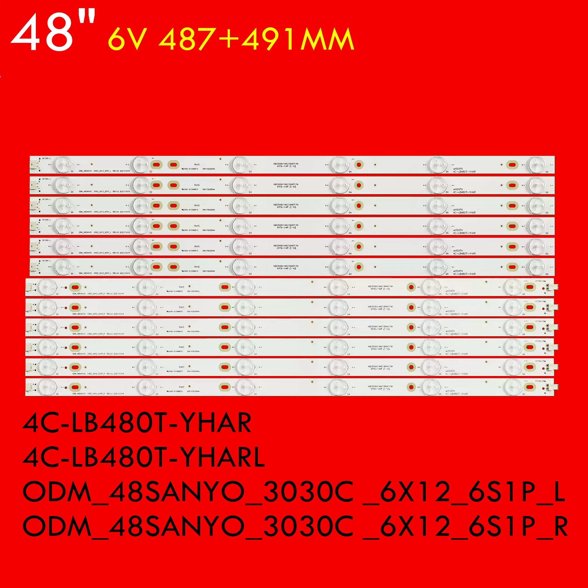 

Лента светодиодной подсветки телевизора для TH-48AS650C 48L3450C 48L3453C 48CE6110A3 006-P2K2094A ODM_48SANYO_3030C _6X12_6S1P_L R