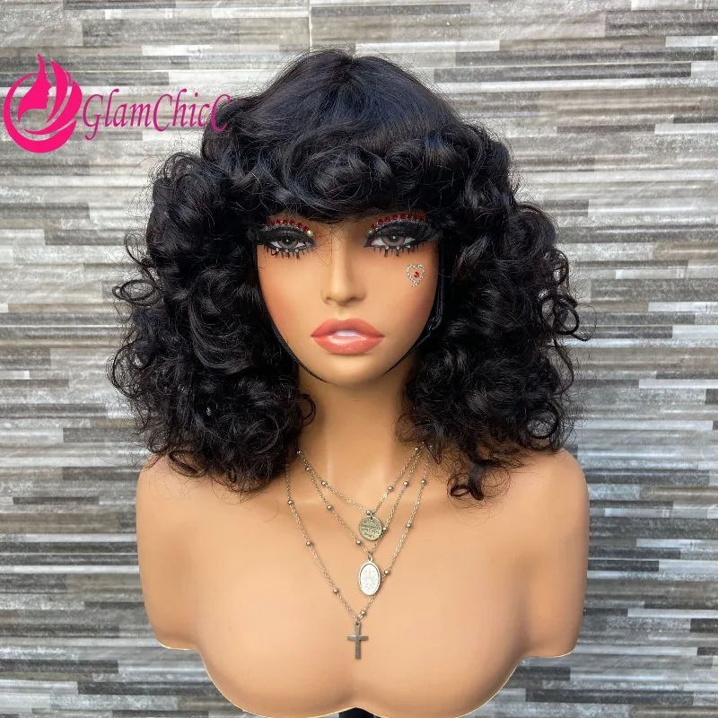 

Премиальный парик из натуральных человеческих волос, 20 дюймов, с эффектом свободных волн, натуральный цвет, машинная сборка, с челкой, без клея, готовый к носке, бразильские волосы Remy.