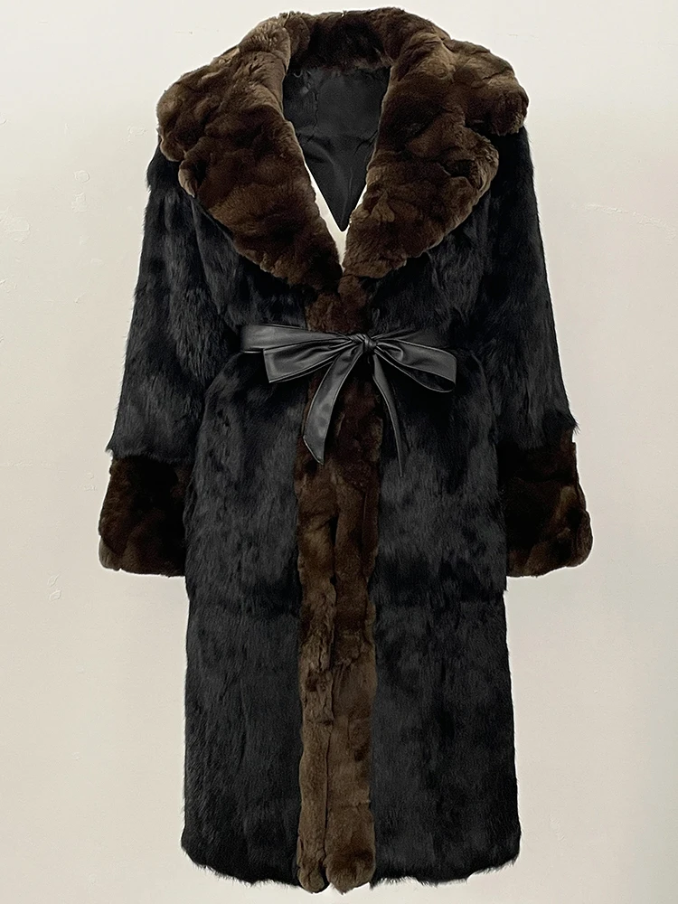 Ropa de invierno 2025 para mujer, abrigo de piel de conejo Natural, cinturón largo de cuero, chaqueta de piel auténtica, moda femenina, ropa cálida de lujo