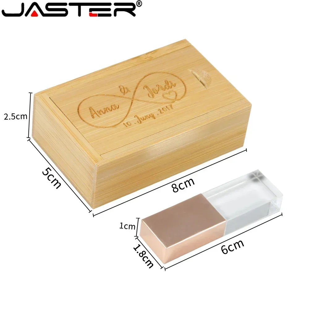 JASTER Crystal USB 2.0 Flash Drive with Wooden Box 128GB مفت کسٹم لوگو میموری اسٹک 64GB Creative Business Gift Pen Drive 8GB