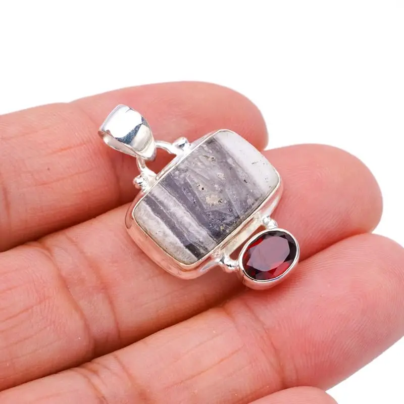 

Hesy® Natural Zebra Calcite GarnetHandmade 925 Sterling Silver Pendant 1.25" F4580