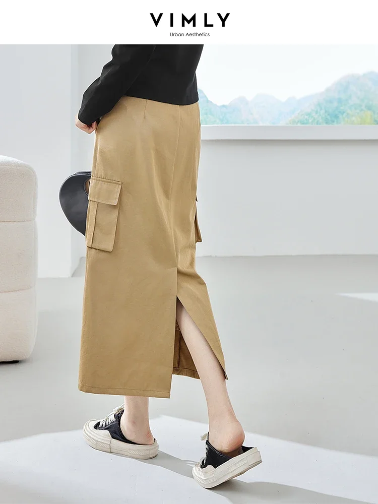 Vimly Autumn Maxi Cargo Skirt for Women 2023 Fall Fashion Casual Khaki Pockets Side Straight Split Hem Woman Long Skirts M2893