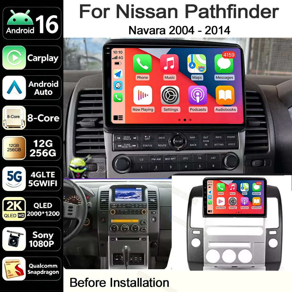 For Nissan Pathfinder Navara 2004 - 2014 Android 16 Carplay Car Radio Multimedia Video Player GPS Navigation Stereo QLED Screen
