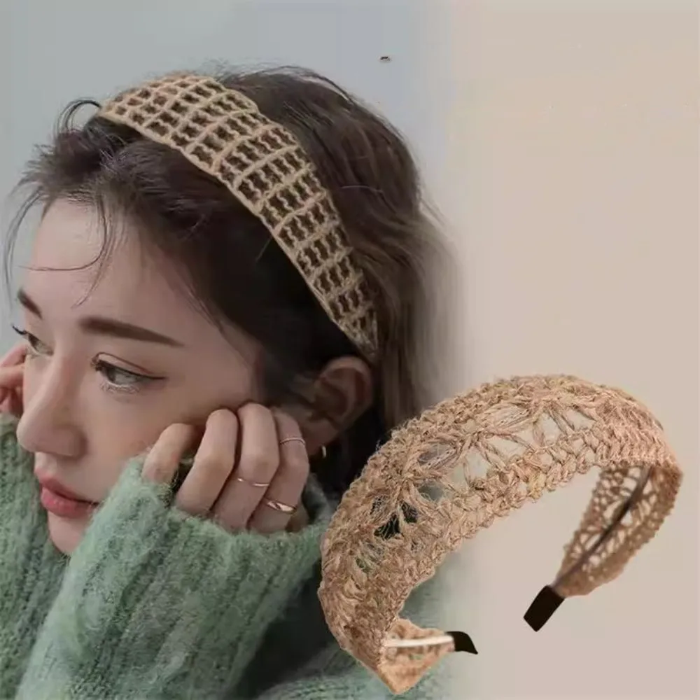 

Bohemian Wide-Brimmed Straw Headband Fashion Elegant Travel Holiday Beach Head Hoop Trendy Hand-Woven Linen Hair Hoop For Women