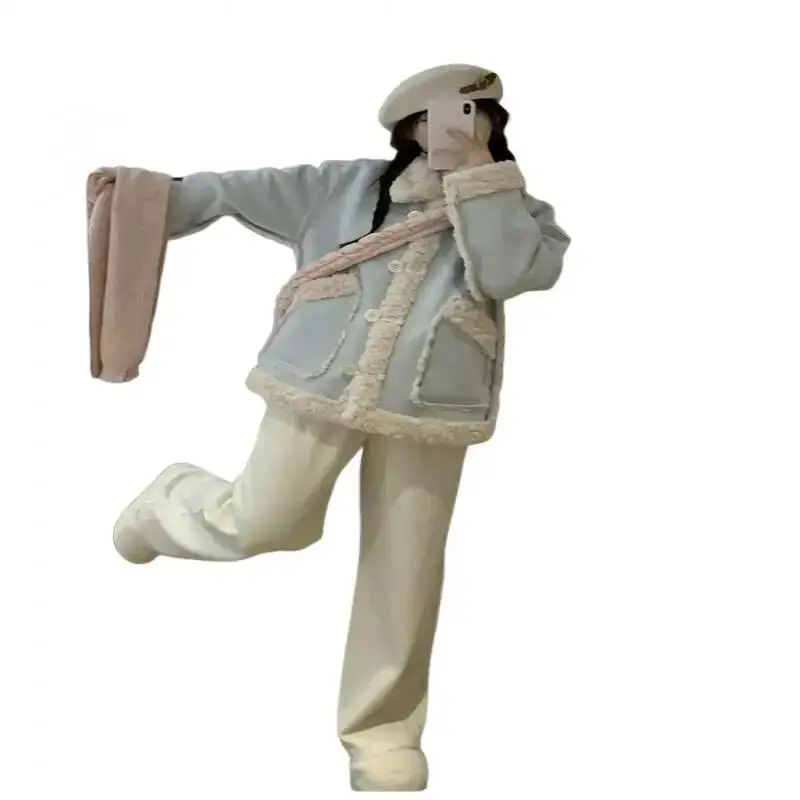 Veste rembourrée pour femmes, vêtements quotidiens d'extérieur, manteau en laine d'agneau bleu pour femmes, automne hiver 2025, nouveau Style coréen, doublure en fourrure de coton polaire