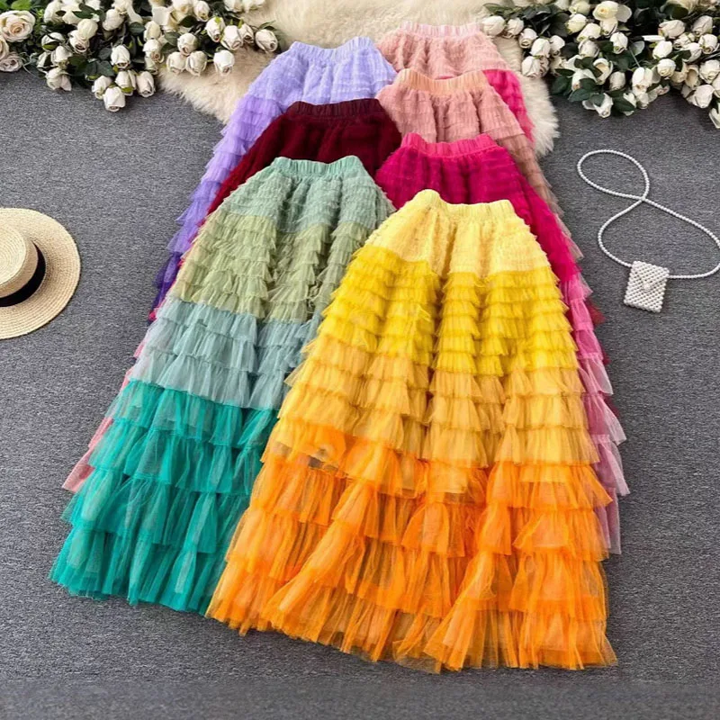 Gradient Color Irregular Mesh Skirt Women, Long Cake Skirt Fluffy High Waist Slimming A-line Fairy Gauze Skirt Jupe Longue