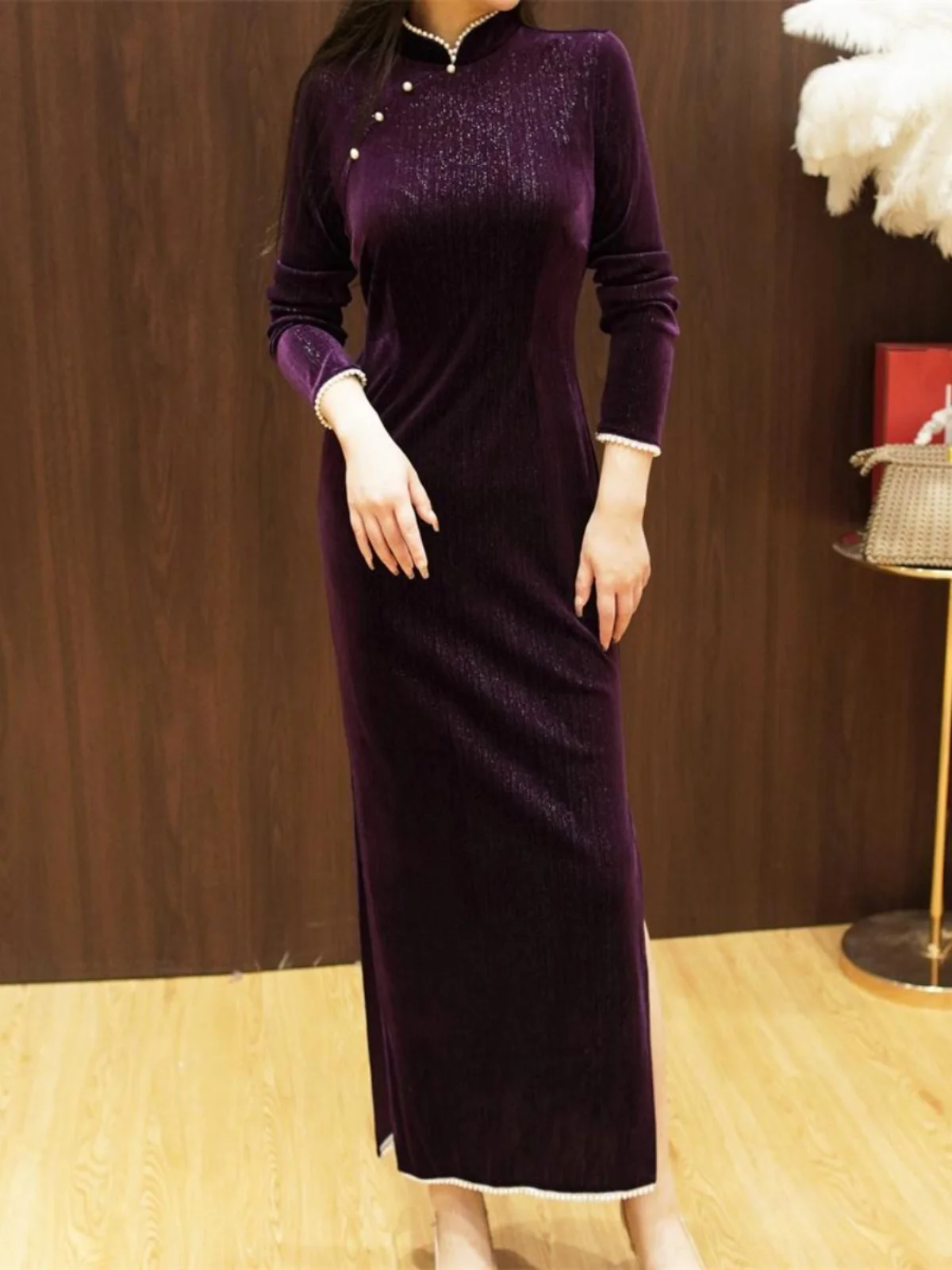 Ele Long Velvet Qipao Dr Pearl Collar Side Slit Slimming Split High Waist Chinese Sle Evening Gown for Women