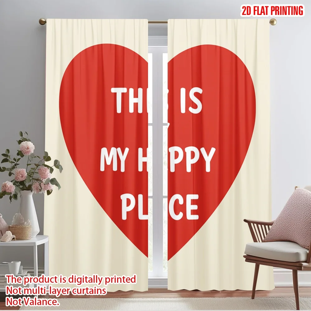 

2pcs 2D flat printing Curtains Red Heart Happy Place Fabric Without Electricity Seasonal Party & Holiday Decor Perfect for