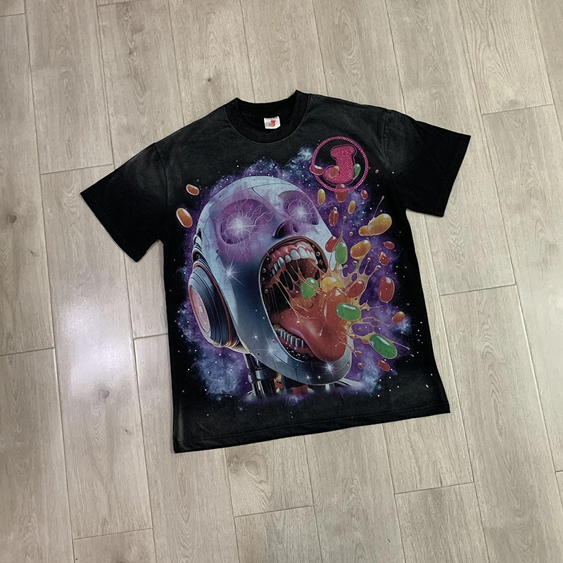 2026SS JELLYBEAN Robot Head Jelly Bean Graphic T Shirt Men Washed Black Oversized Hip Hop Streetwear Crew Neck Summer Tee