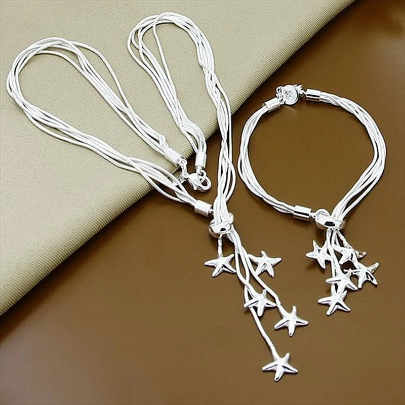 925 Sterling Silver Multilayer Star Style Women Necklaces Bracelets Fashion Jewelry Set