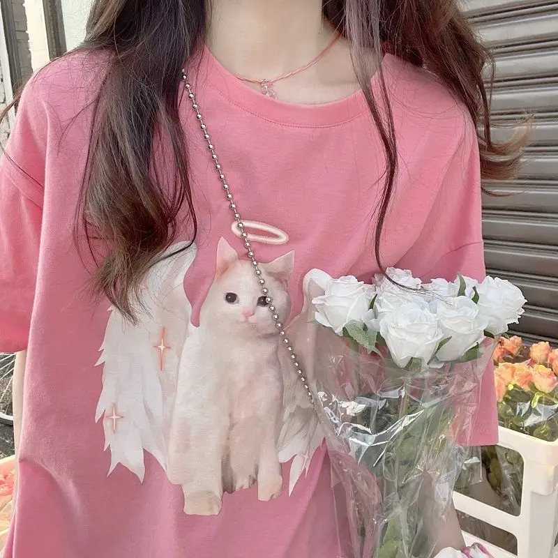 New Sweet and Cute Cat Pattern Print T Shirt Women Pure Cotton Peach Powder Round Neck Top Oversized College Style Kawaii Tee