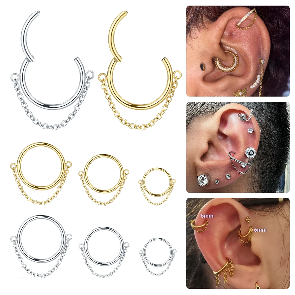 1PC Surgical Steel 16G Hinged Segment Clicker Nose Septum Hoop with Chain Daith Cartilage Earring Helix Lobe Tragus Piercings