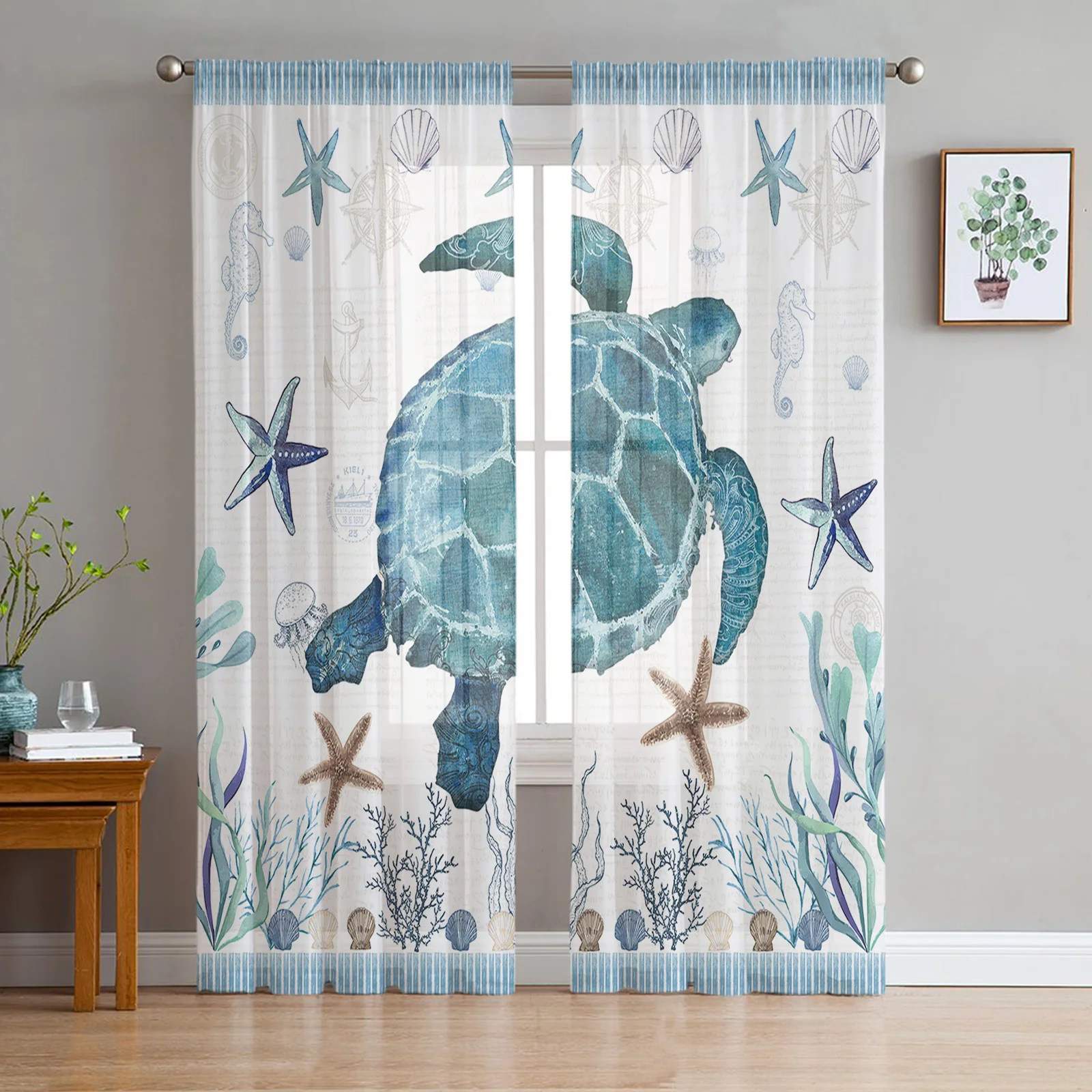 

Mediterranean Style Sea Turtle Stripes Tulle Curtains Living Room Kitchen Window Decoration Chiffon Voile Sheer Curtain