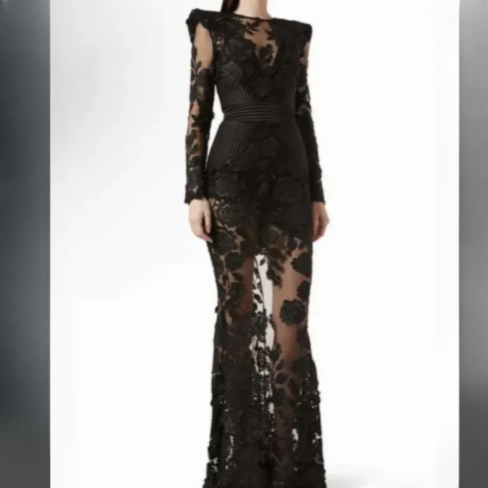 Long Sleeved Black Lace Applique Evening Dress Elegant Female Prom Gown Exquisite Customized Formal Occasion Clothes 2025 Newest