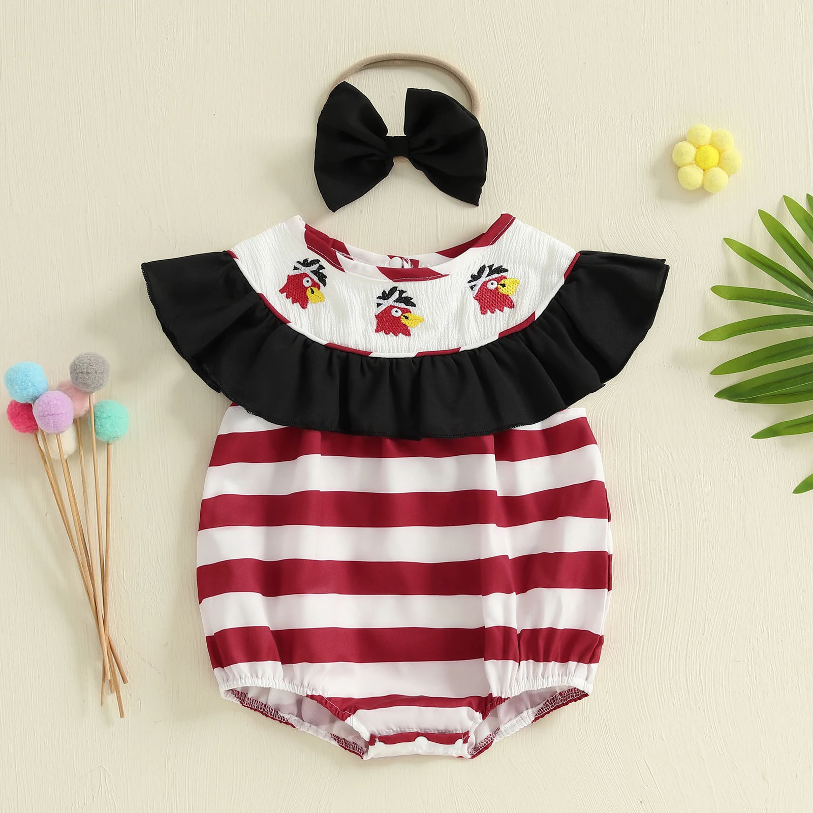

SUNSIOM 0-18 Months Baby Girl Embroidery Romper Sleeveless O Neck Ruffle Trim Plaid/Striped Romper with Headband Outfits