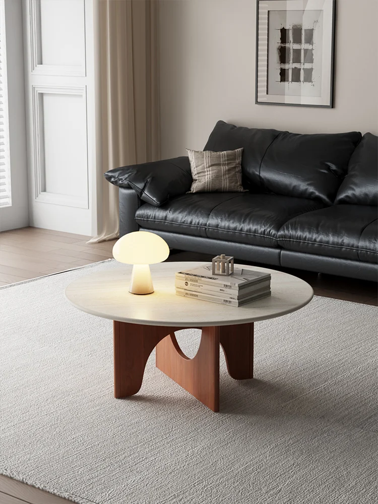 Meja kopi kayu solid lempengan batu travertine