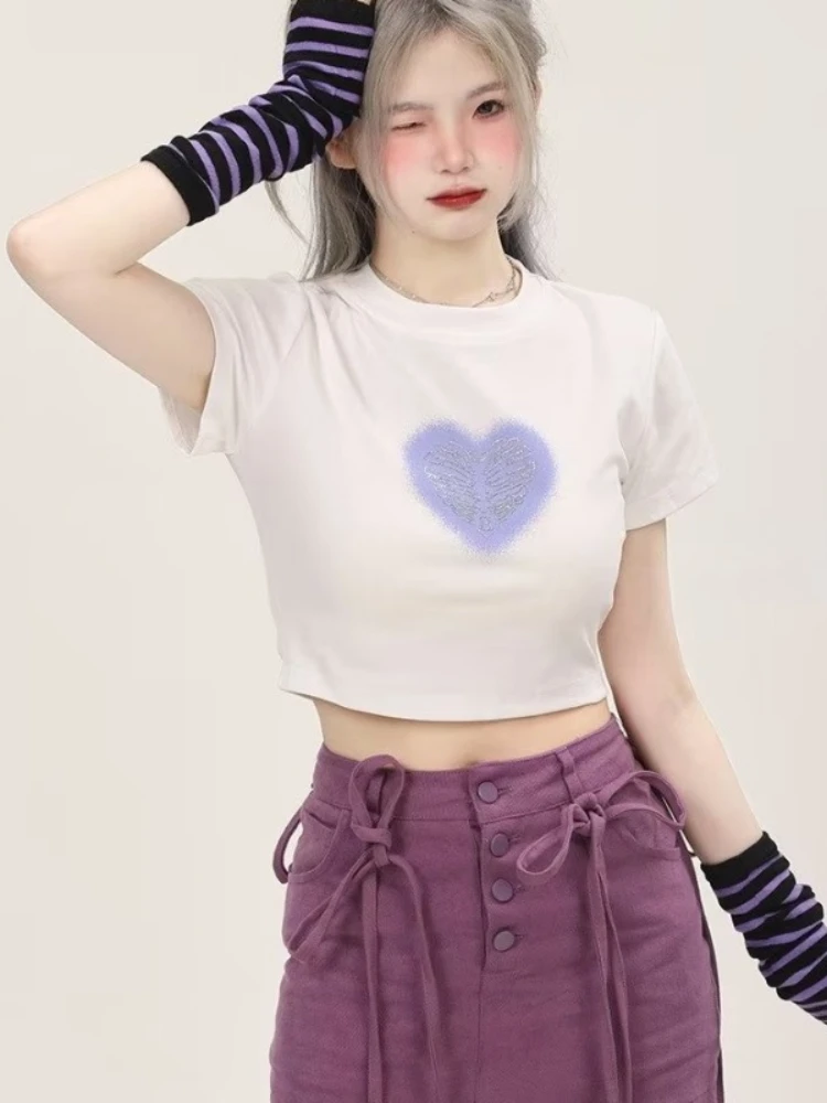 Solid Crop Tops Heart-print Summer New Fashion Breathable Daily Streetwear Japanese Style Vitality Sweet All-match Y2K Clothing