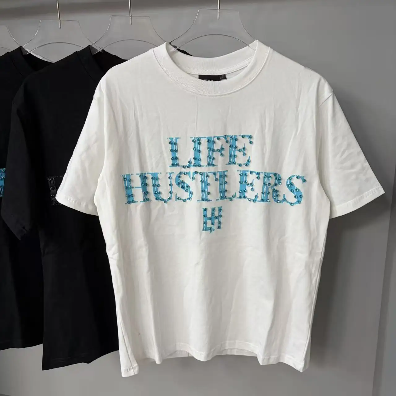 Life Hustlers Street Hip Hop Beaded Letter Logo Summer Men's and Women's Loose Trendy Short-Sleeved T-Shirt