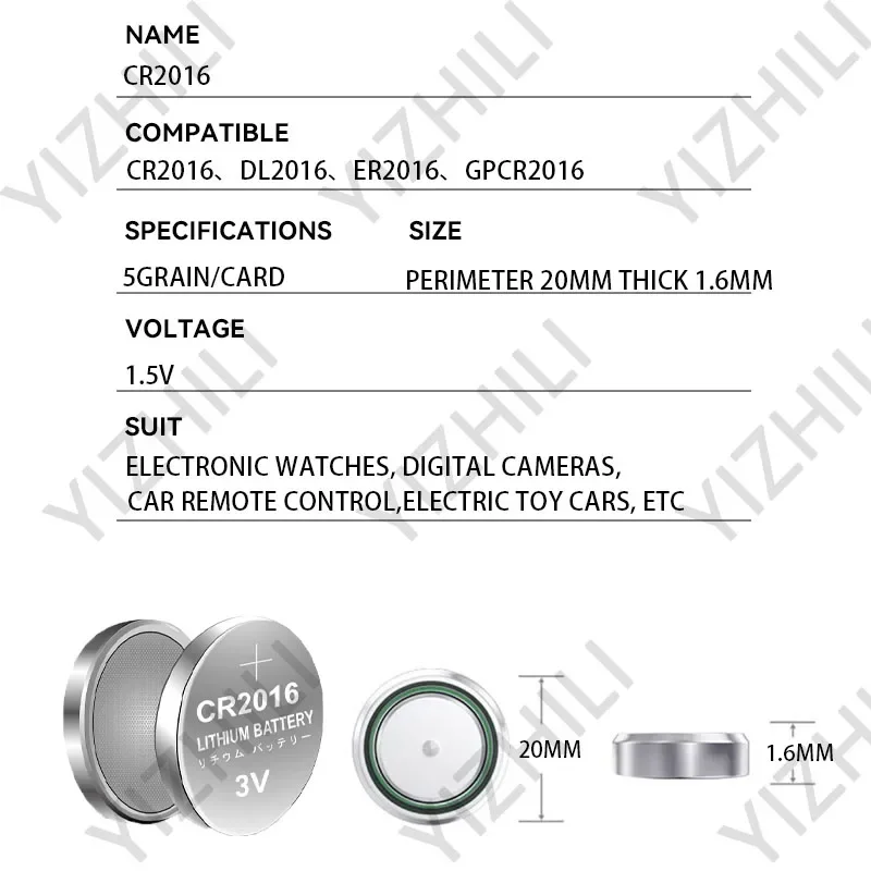 3V CR2016  Button Batteries LM2016 BR2016 DL2016 Cell Coin Lithium Battery For Watch Electronic Toy Calculators