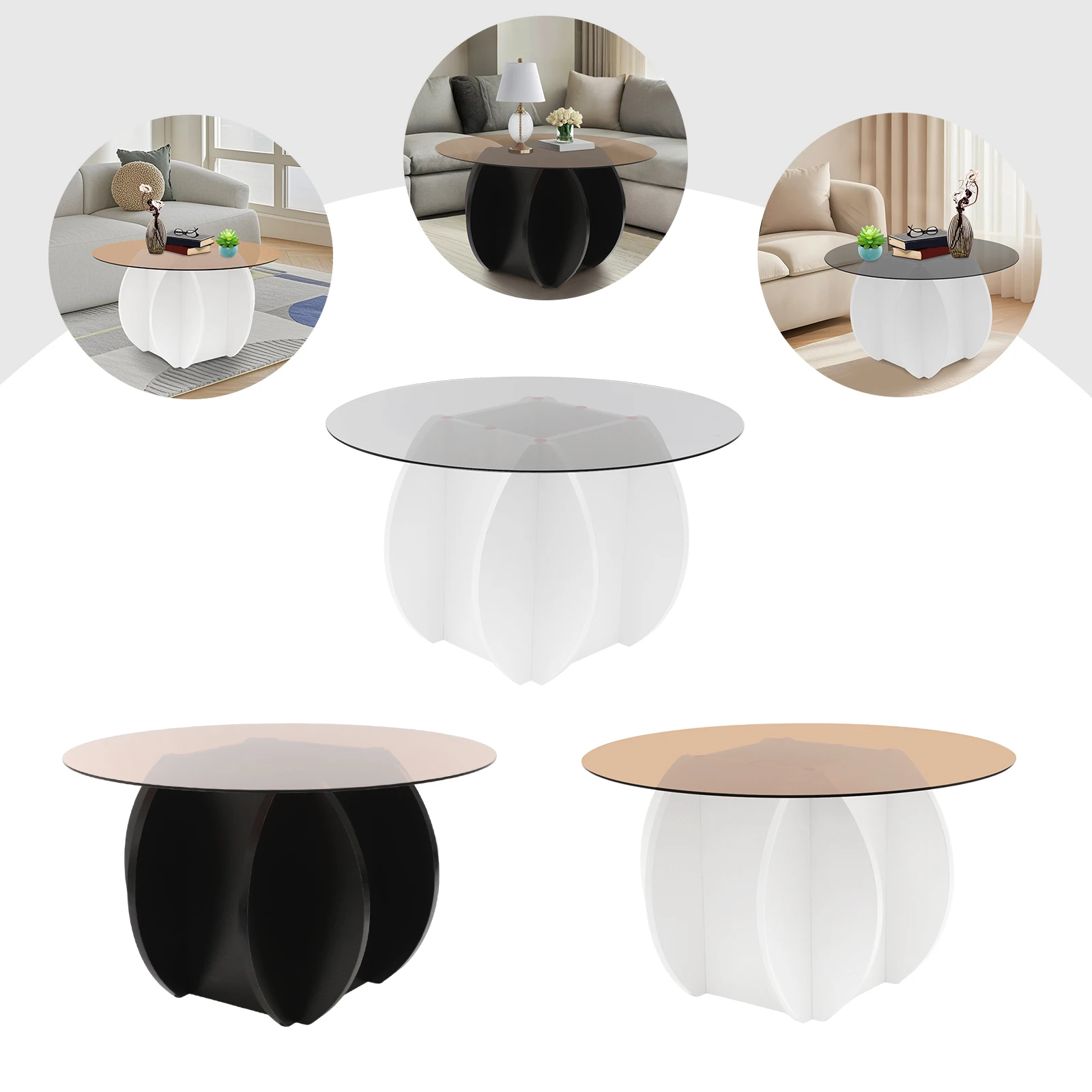 70cm ラウンドパーティクルボードコーヒーテーブル、ホワイト/ブラック/タウニーガラステーブルトップコーヒーテーブルオフィス、リビングルーム用フロアスタンディング