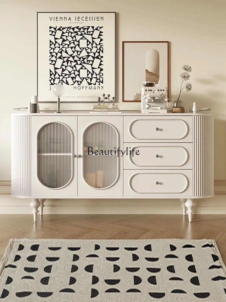 

French Retro Entrance Cabinet White Solid Wood Console Tables Light Luxury Storage Cabinet