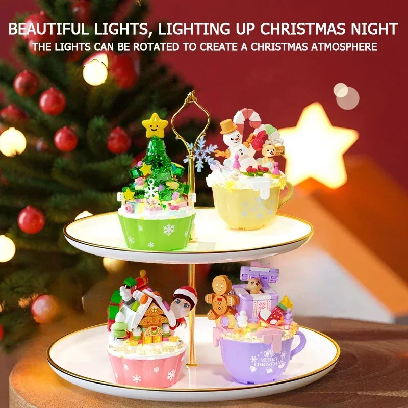 

Christmas Cake Mini Christmas Tree Snowman Building Blocks With Lighting Combination Set Desktop Decoration Toys For Kids