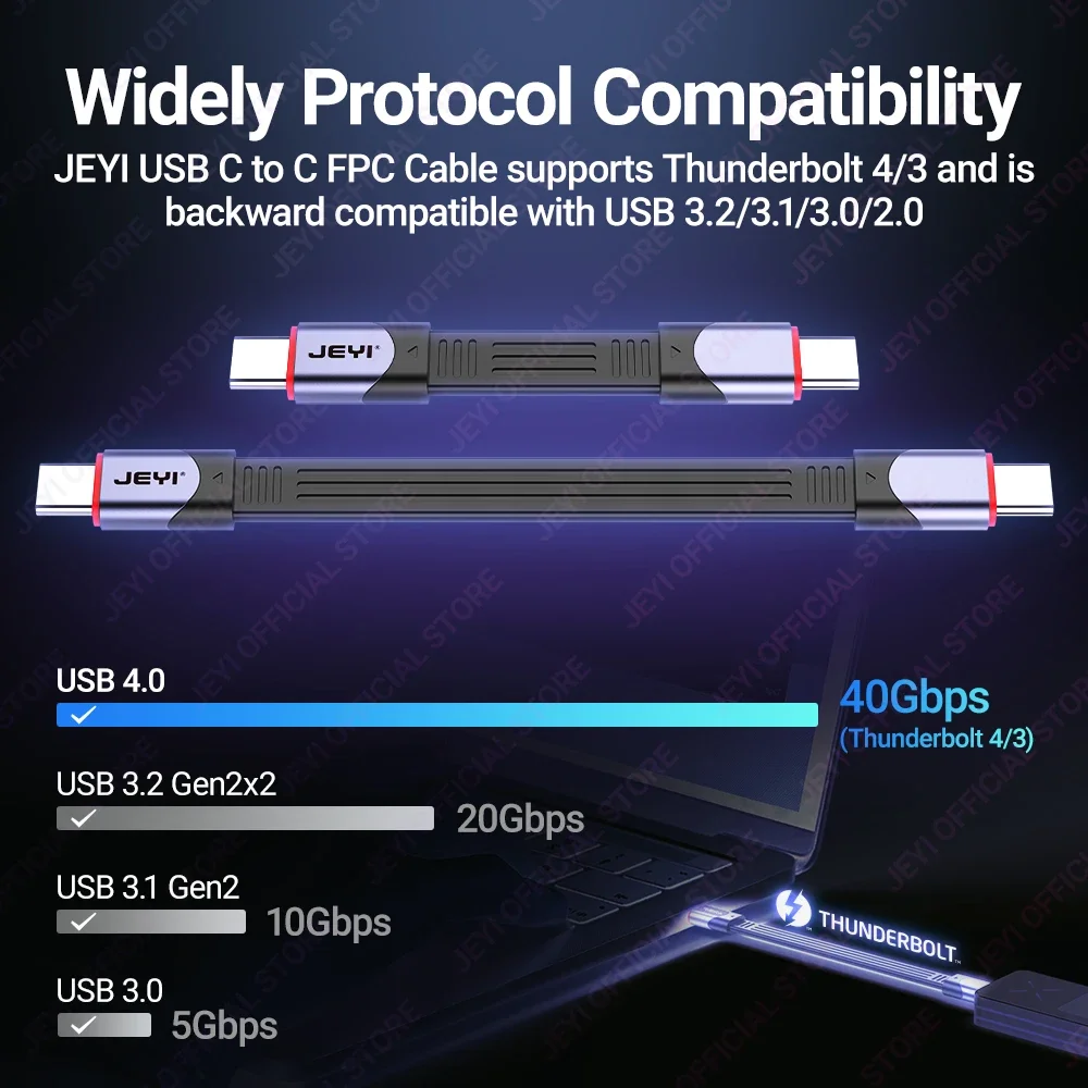 JEYI USB 4.0 FPC Cable, 40Gbps Data Transfer, 60W PD 8K HD Display USB-C Flat Cord for TB 4/3, MacBook, Laptop, Tablet
