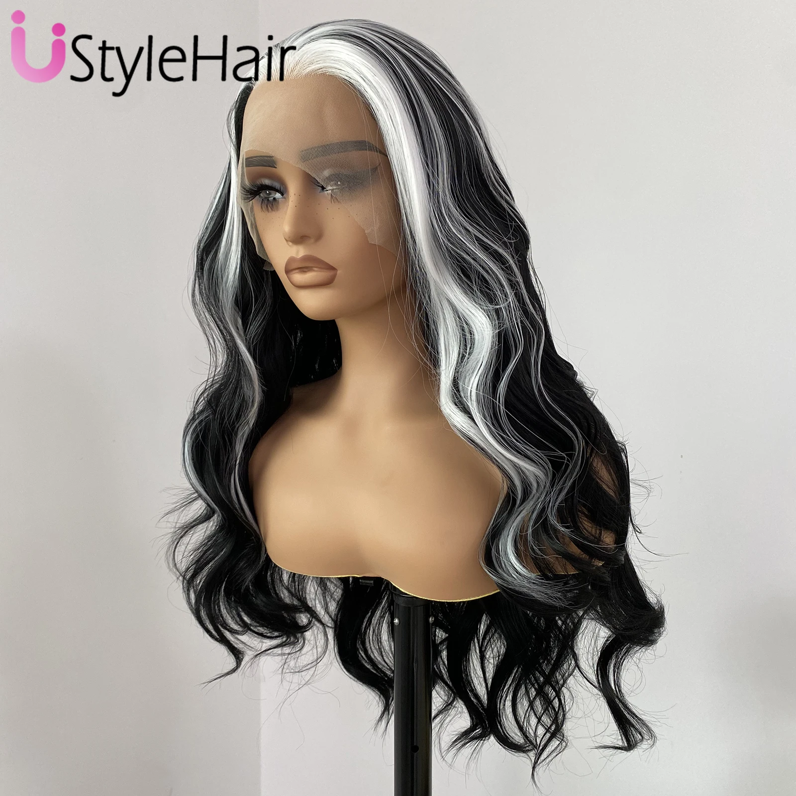 สีดําสีขาวไฮไลท์วิกผม Long Body Wave วิกผมลูกไม้ 13x4 Glueless ผสมสีวิกผมสังเคราะห์ลูกไม้ด้านหน้าด้านหน้าธรรมชาติ Hairline สวมใส่ทุกวัน