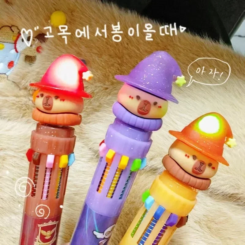 3Pcs/Set Magician Glowing Capybara Kawaii 10 Colors Ballpoint Pen Cartoon Love 0.5mm Colorful Ink Gel Pens Stationery Gift