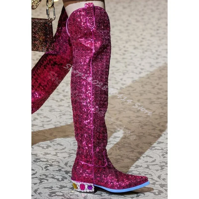 

Rose Red Glitter Sequins Crystal Heel Pointed Toe Boots Slip On Women Shoes Chunky Heels Party Banquet 2024 Zapatos Para Mujere