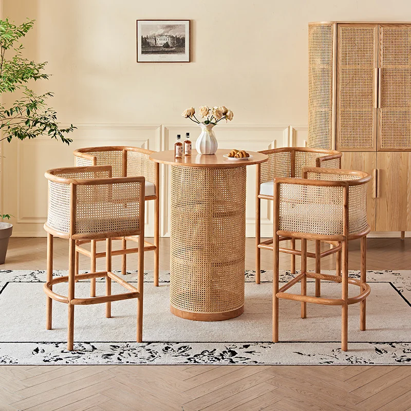 Nordic Modern Minimalist Vintage Rattan-Woven Solid Wood High-Backed Bar Stool & Dining Chair