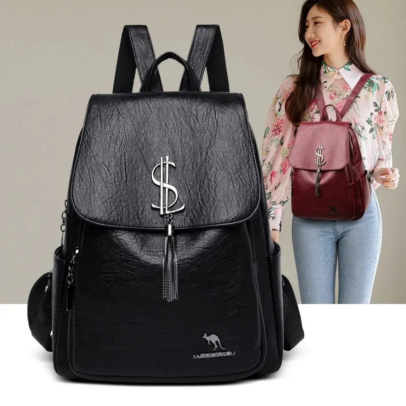 

Trendy Fringed Soft Leather Women Backpack Large Capacity Urban Simple Student Bookbag Casual Dual Shoulder Bag Daily Travel Sch