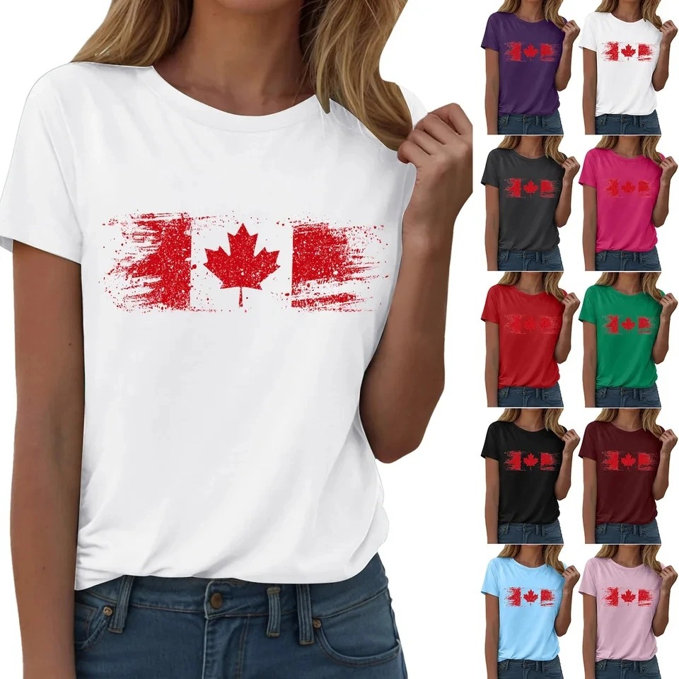 

Canadian Flag & Maple Leaf Print T-Shirt For Women Summer Short Sleeved Tee Shirts Independence Day Canada Day T Shirt Tops