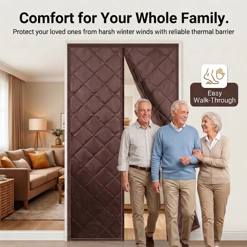 Auto Close Magnetic Thermal Door Curtain Windproof Insulation Curtain with Dense Magnets for Bedroom Kitchen Balcony Home Use