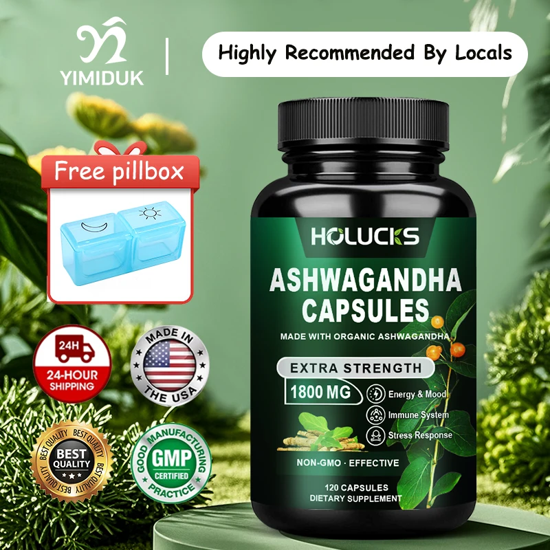 

Organic Ashwagandha 1800mg Capsules, Support High Potency Stress Relief, Adrenal & Mood Enhancer, Anxiety, Focus & Immune