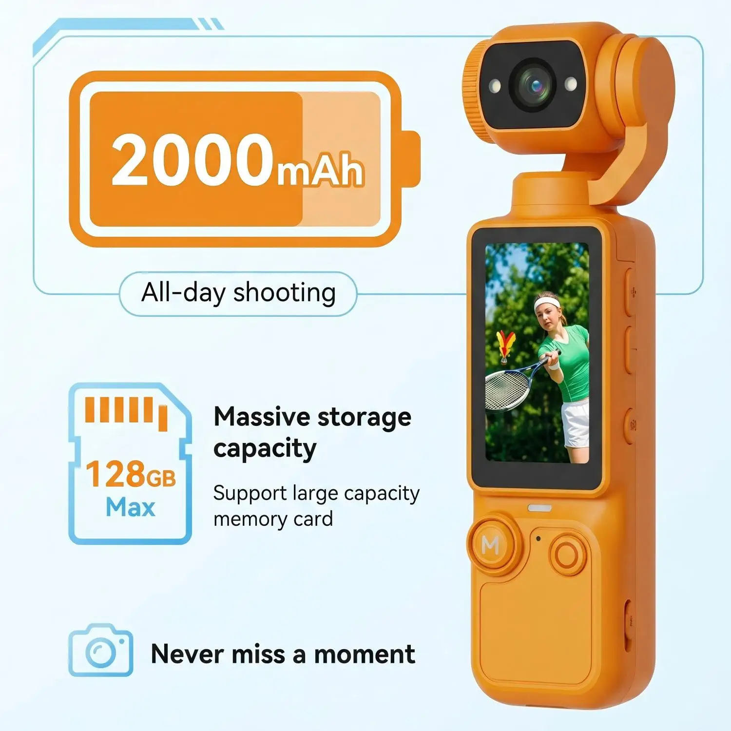 4K Handheld Pocket Camera with 180° Rotatable Lens snd Fill Light for Cycling Hiking Daily Life Video Recording
