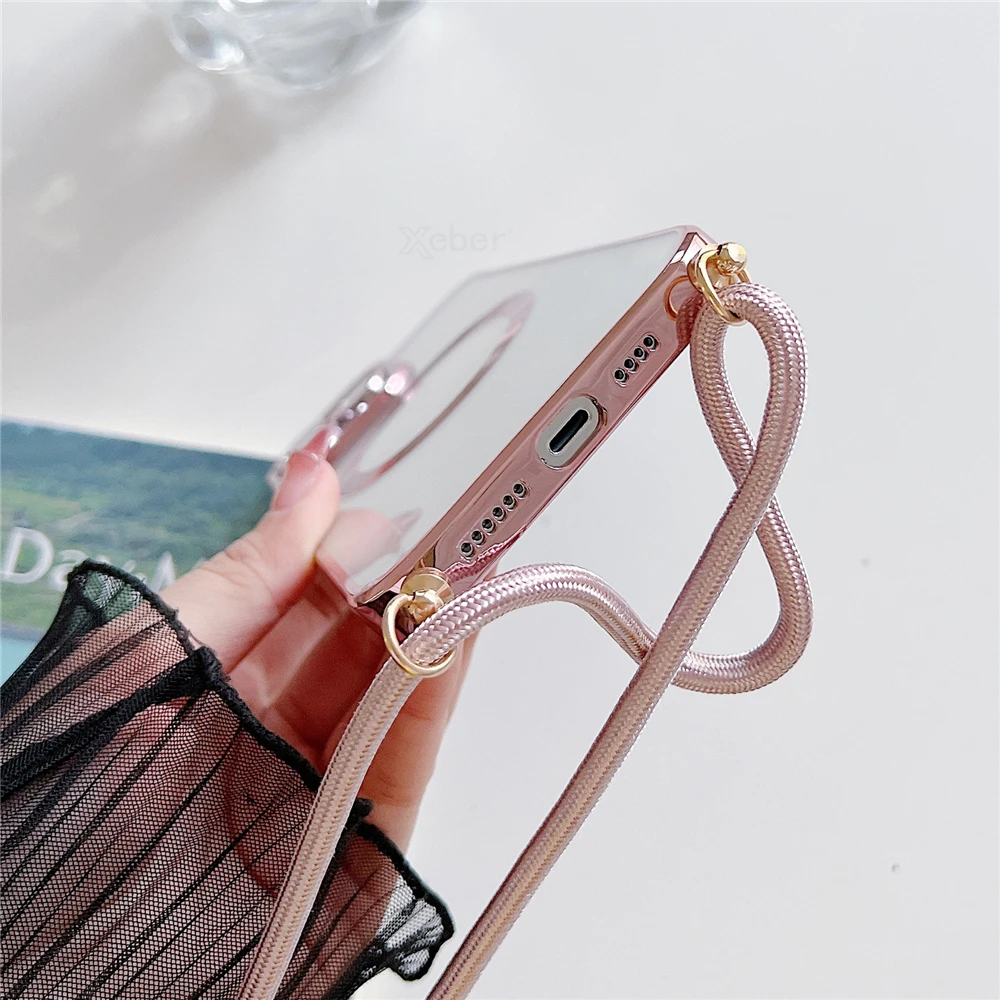 Luxury Plating Transparent Magnetic Crossbody Necklace Lanyard Cord Case For iPhone 16 15 14 13 12 11 Pro Max For Magsafe Cover