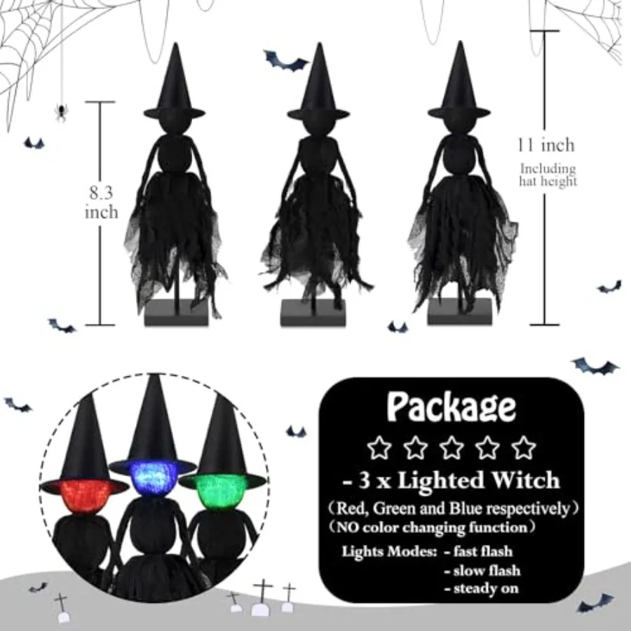 Halloween Decorations Indoor Set of 3 Lighted Primitive Witch with Hat Spooky Black Witches Figurines LED Lights Standing Table