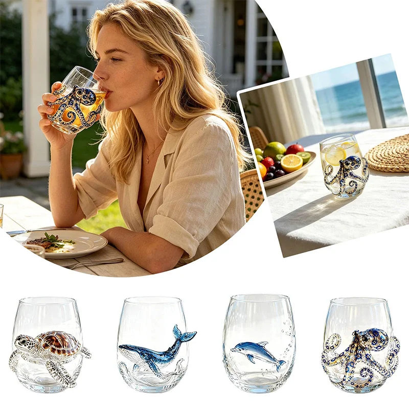 Marine Life Embossed Glass Cup Octopus Whale Design Whiskey Glass Handcrafted Coastal Decor Tumbler For Cocktails & Water