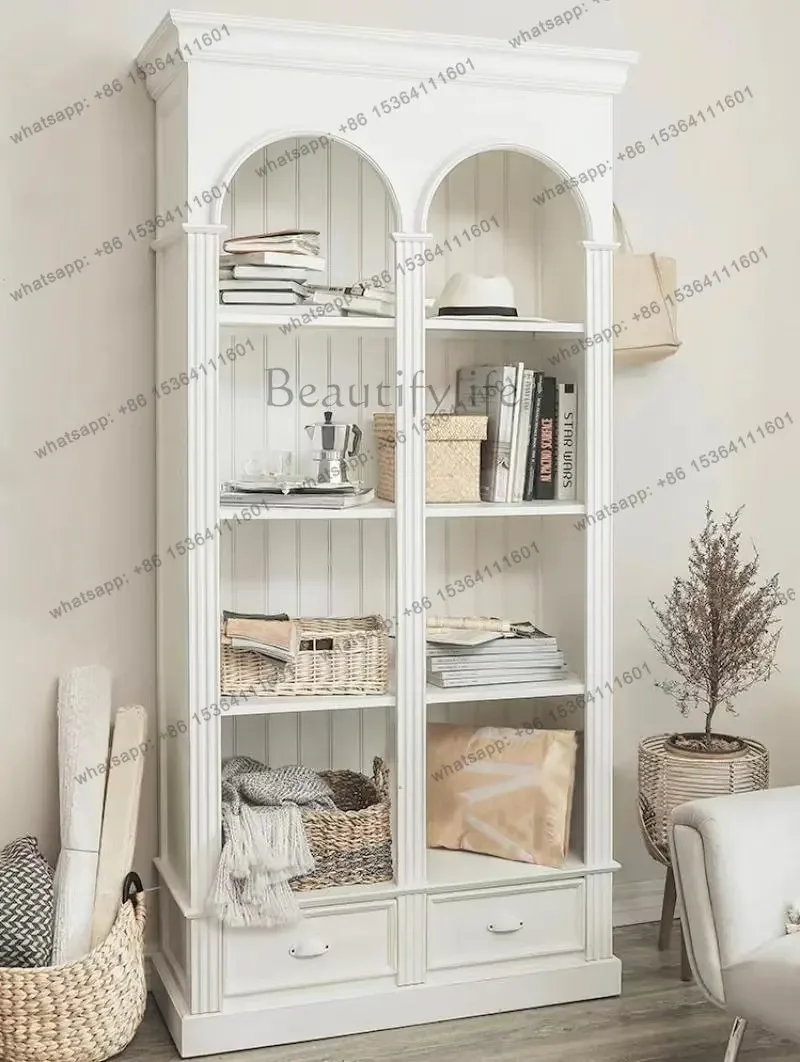 

56French retro white old arched bookcase American solid wood storage side cabinet