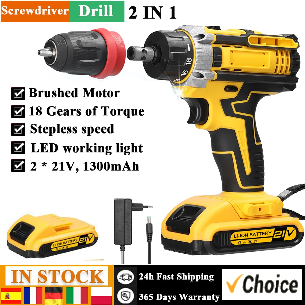 21V 2 in 1 Lithium Battery Drill Multifunction Electric Screwdriver 18 Gears of Torque Adjustable Cordless Household Power Tool