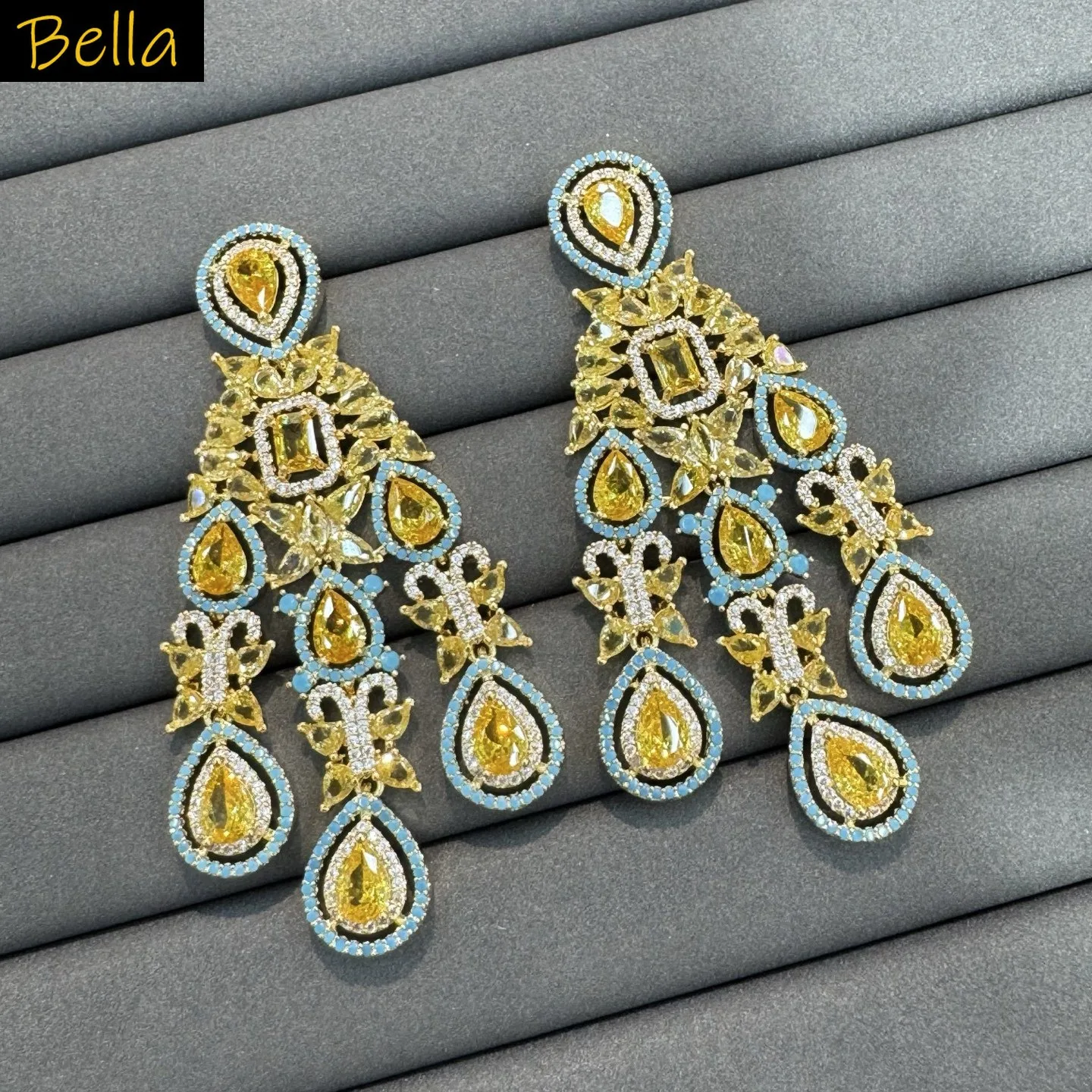 Pendientes de circonia cúbica amarillos y azules para mujer, joyería para cenas, fiestas, eventos, pendientes colgantes, rojo, fucsia, azul, amarillo, morado