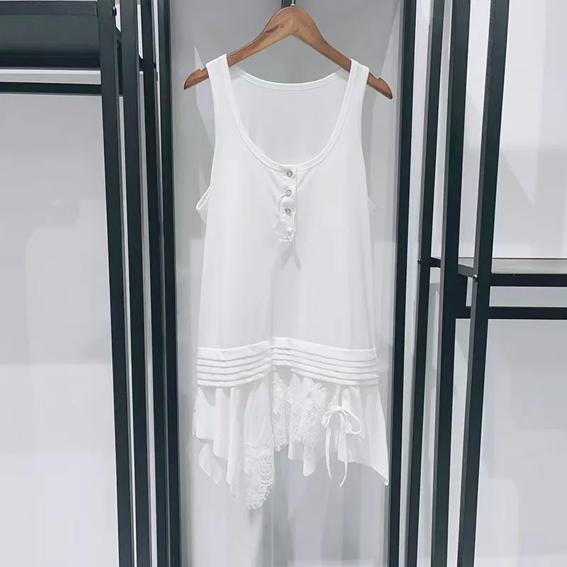 Gilet mi-long sans manches à col en U pour femmes, haut en dentelle irrégulière, chemise inférieure de haute qualité, été, nouveau, 2025