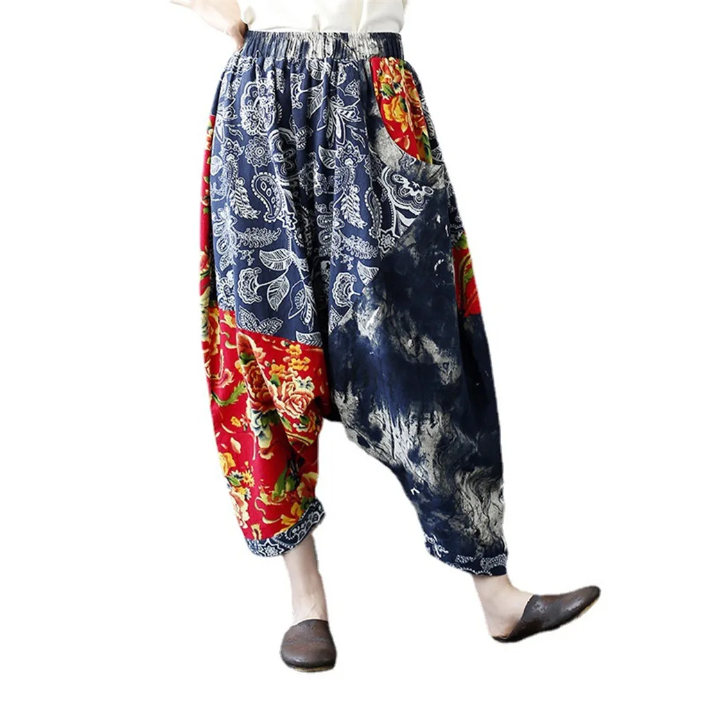 

Shanghai Story Women's Blend Linen Wide Leg Printed Patchwork Pants Yoga Hippie Harem Trousers