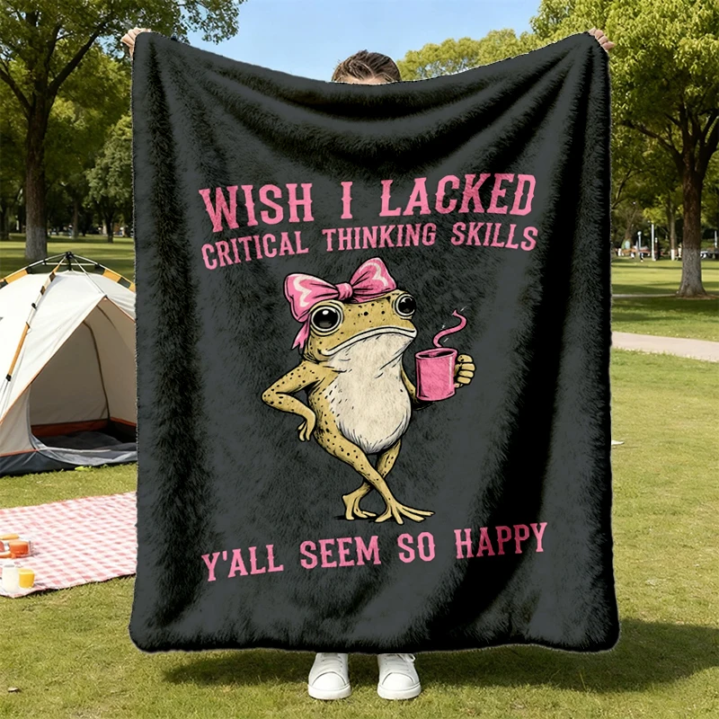 Wish I Lacked Critical Thinking Skills Flannel Blanket, Funny Sarcastic Frog Meme Throw, Retro Gift