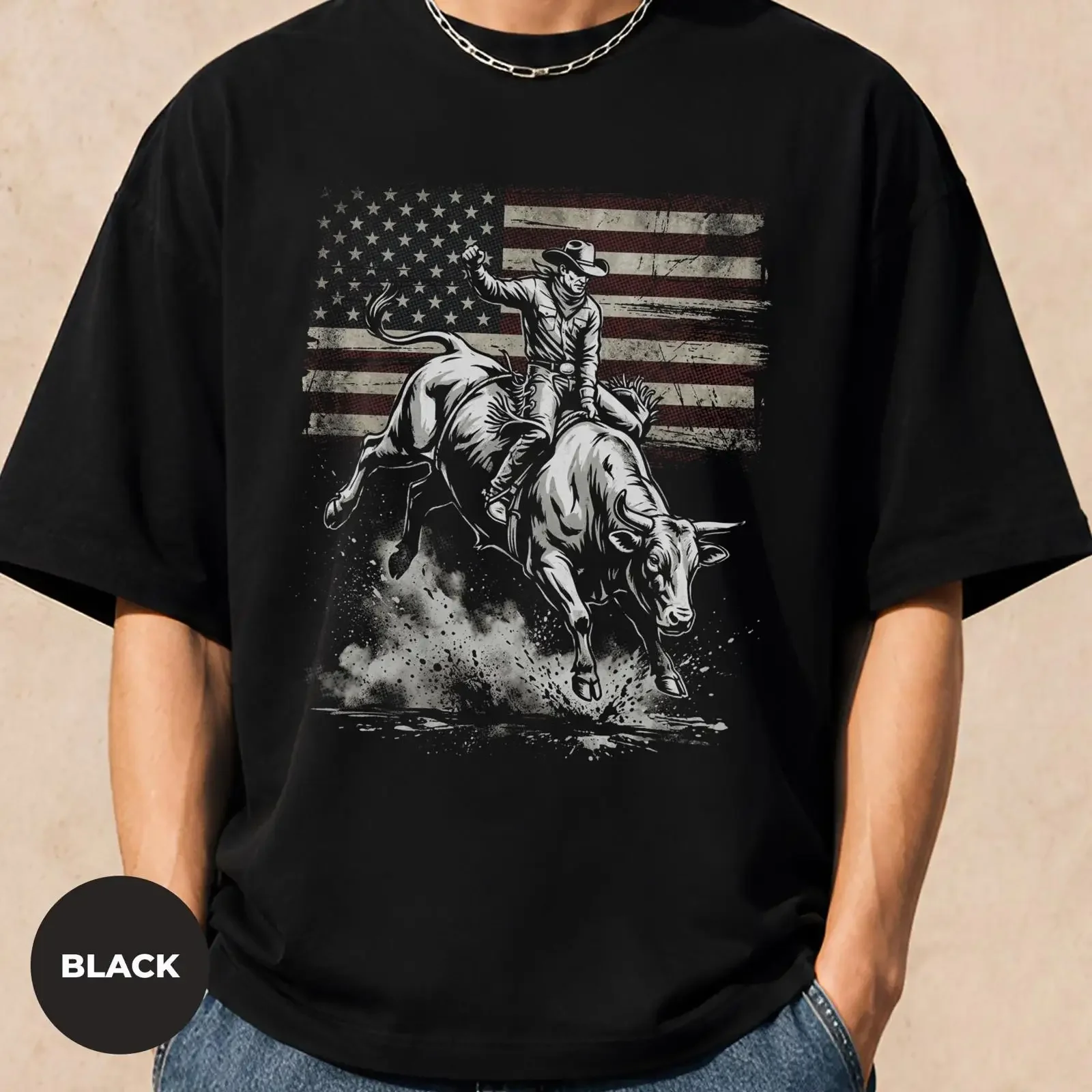 Vintage American Flag Rodeo T Shirt Cowboy Bull Rider Western Riding for Ranch USA Patriotic  vintage Washed Breathable
