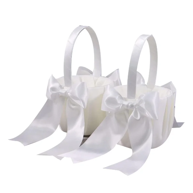 

ABVA-2Pack White Flower Girl Basket Wedding Basket for Flower Girls Cute Satin Flower Girl Basket