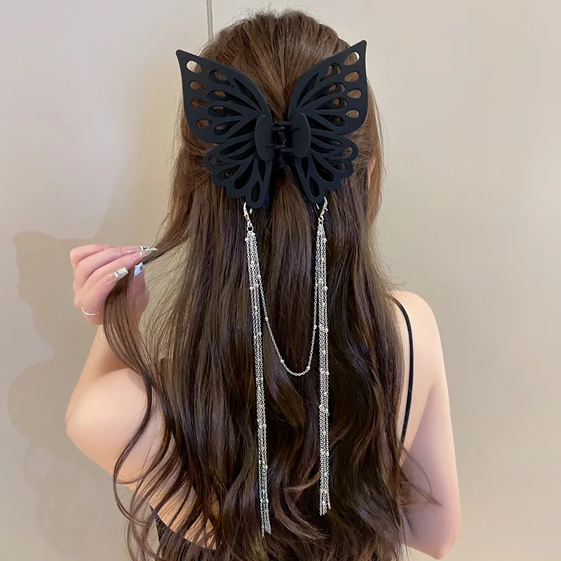 Pinza de pelo de Mariposa Negra grande para mujer, horquilla elegante de temperamento, tocado de borlas largas, Clip de agarre de moda, accesorios