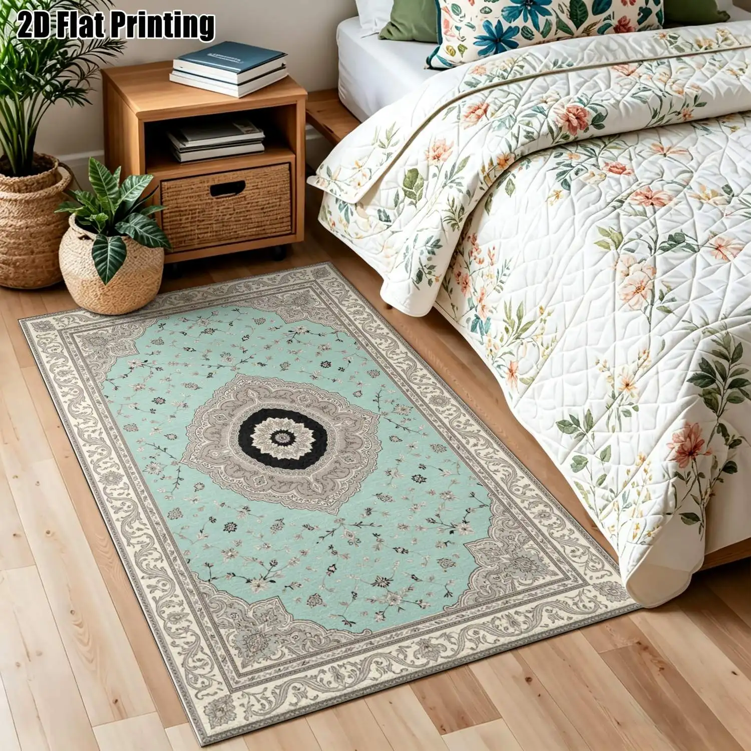 1Pc 2D Printed Retro Floral Light Blue-Grey Carpet, European Light Luxury Decor, Multi-Size, Machine Washable, for Entrance, Dining, Foyer, Study, Living Room, Bedroom